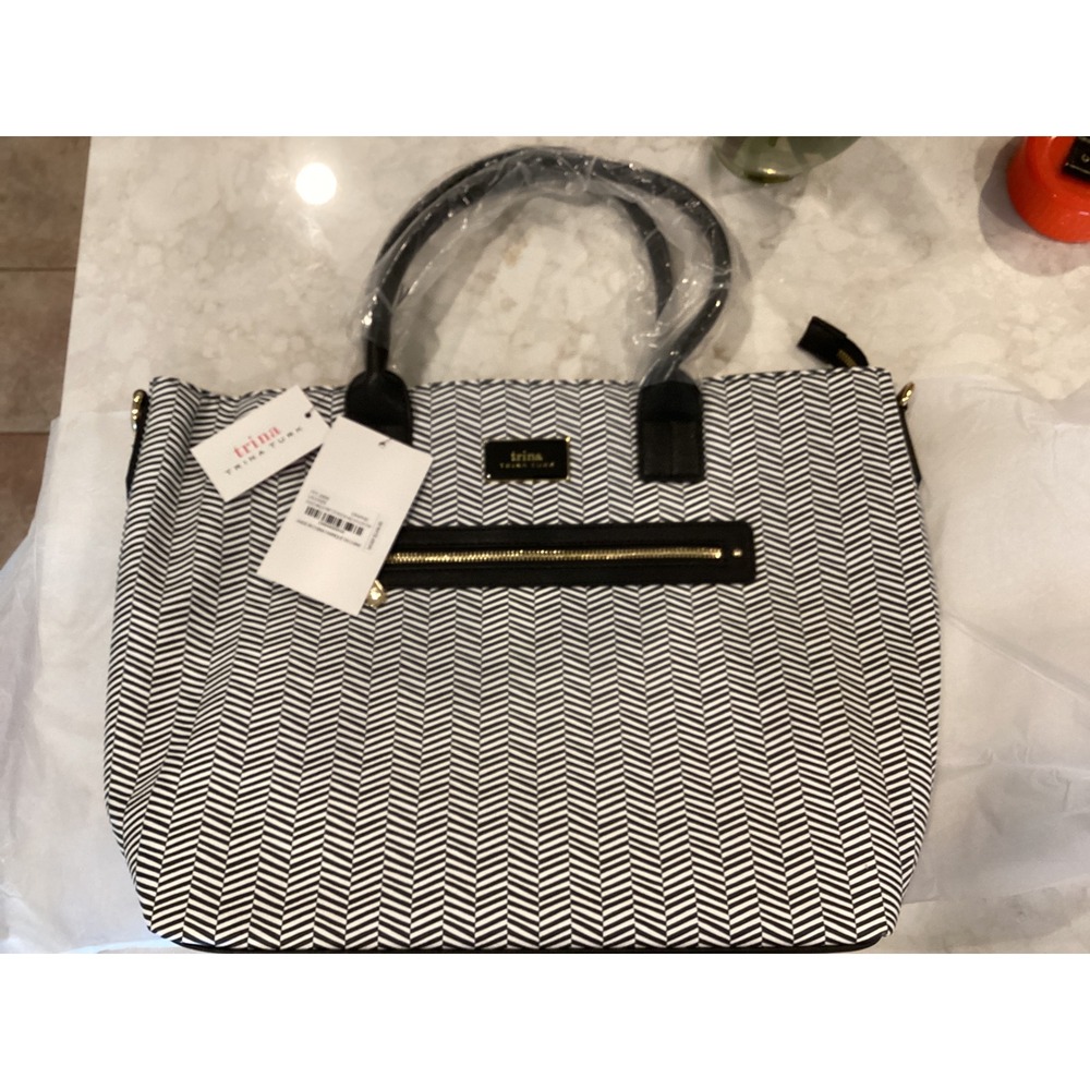 Trina Turk Satchel Tote‎ Bag Black White Chevron Print Crossbody Purse